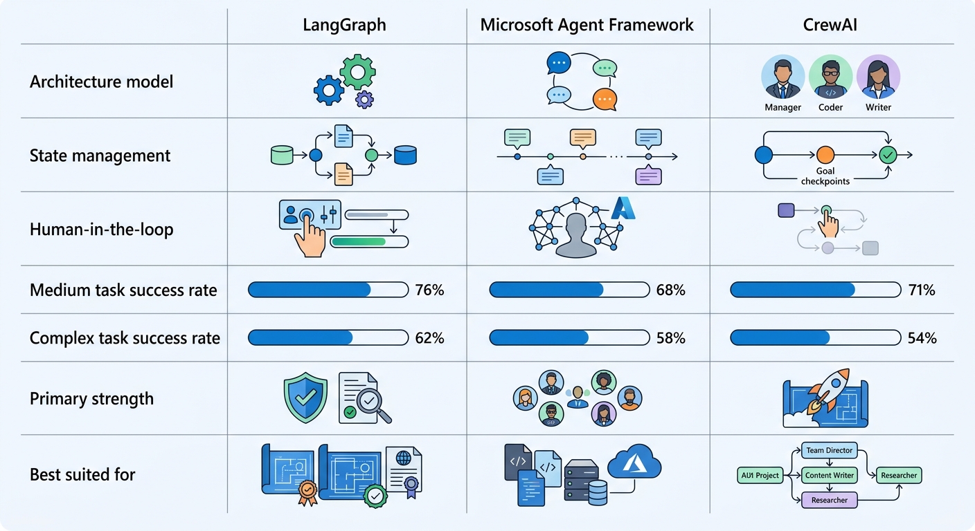 Comparison table of LangGraph, Microsoft Agent Framework, and CrewAI across 8 dimensions including architecture, state management, HITL support, and task success rates