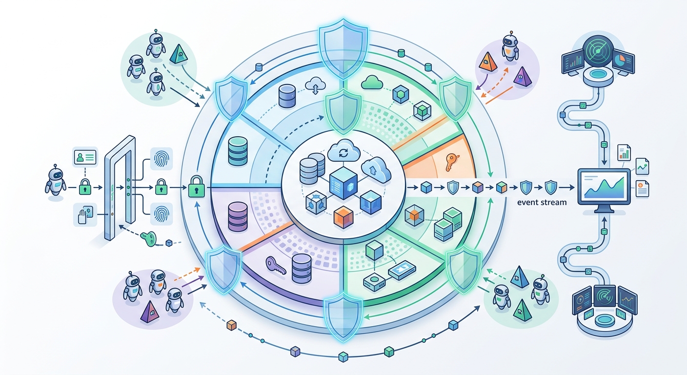 Security architecture diagram showing authentication flow, permission boundaries, and audit logging for multi-agent deployment