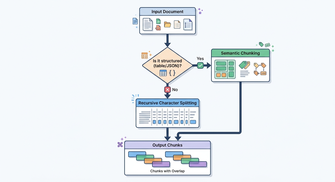 A diagram showing the chunking decision flowchart: Input document → Is it structured (table/JSON)? → Yes: Semantic chunking with metadata → No: Recursive character splitting → Output chunks with overlap.