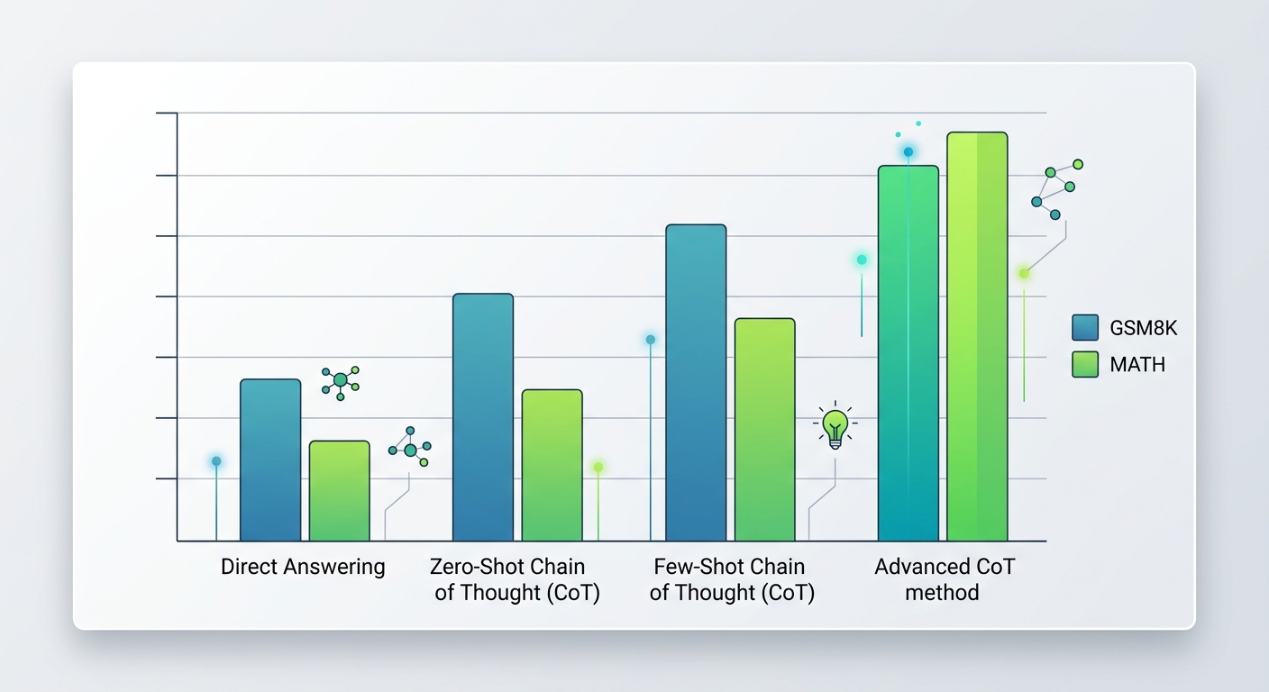 Bar chart comparing accuracy improvements across prompting methods across GSM8K and MATH benchmarks