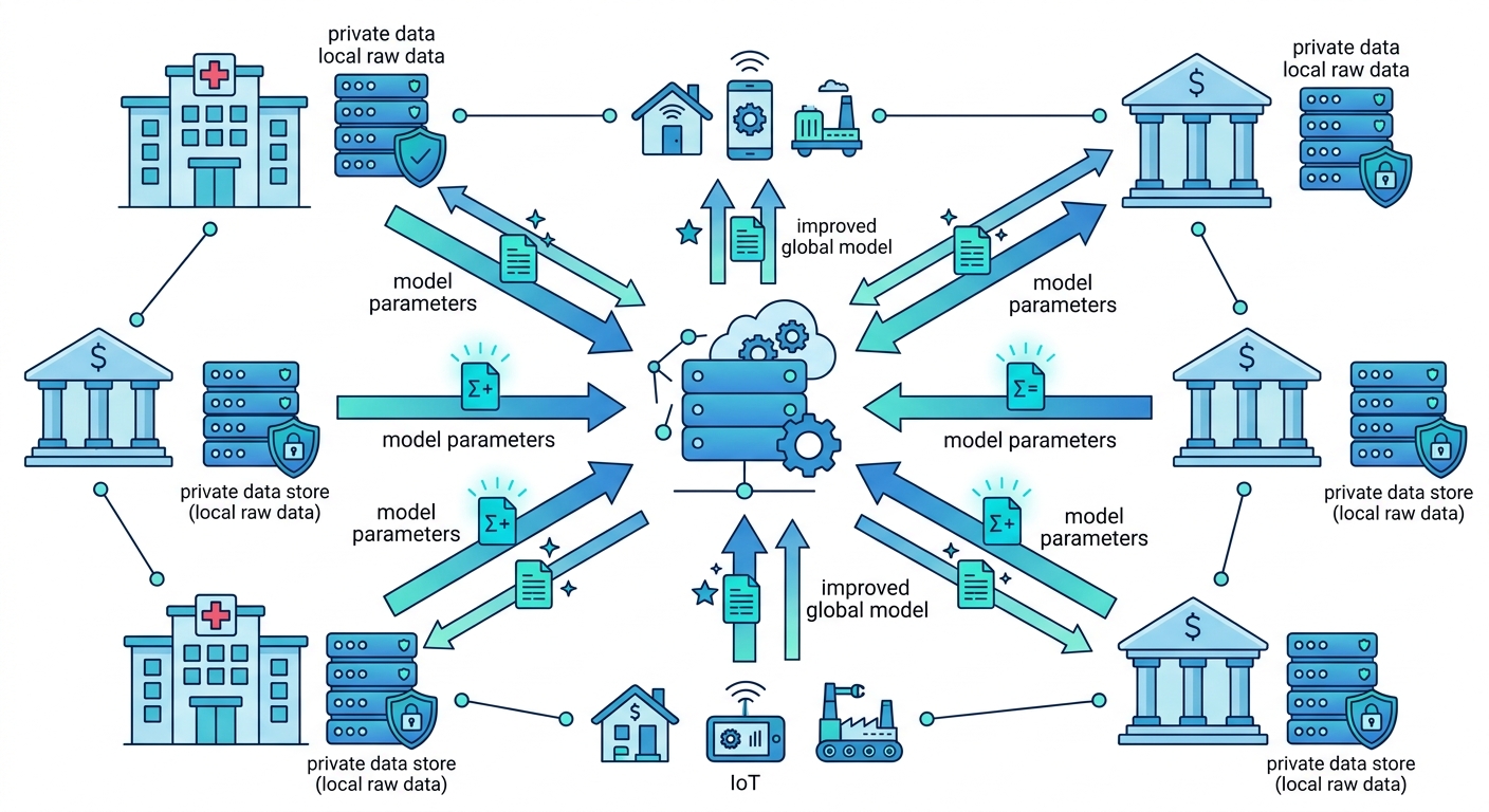 Federated Learning Network Diagram — distributed nodes sending model parameters to central aggregation server
