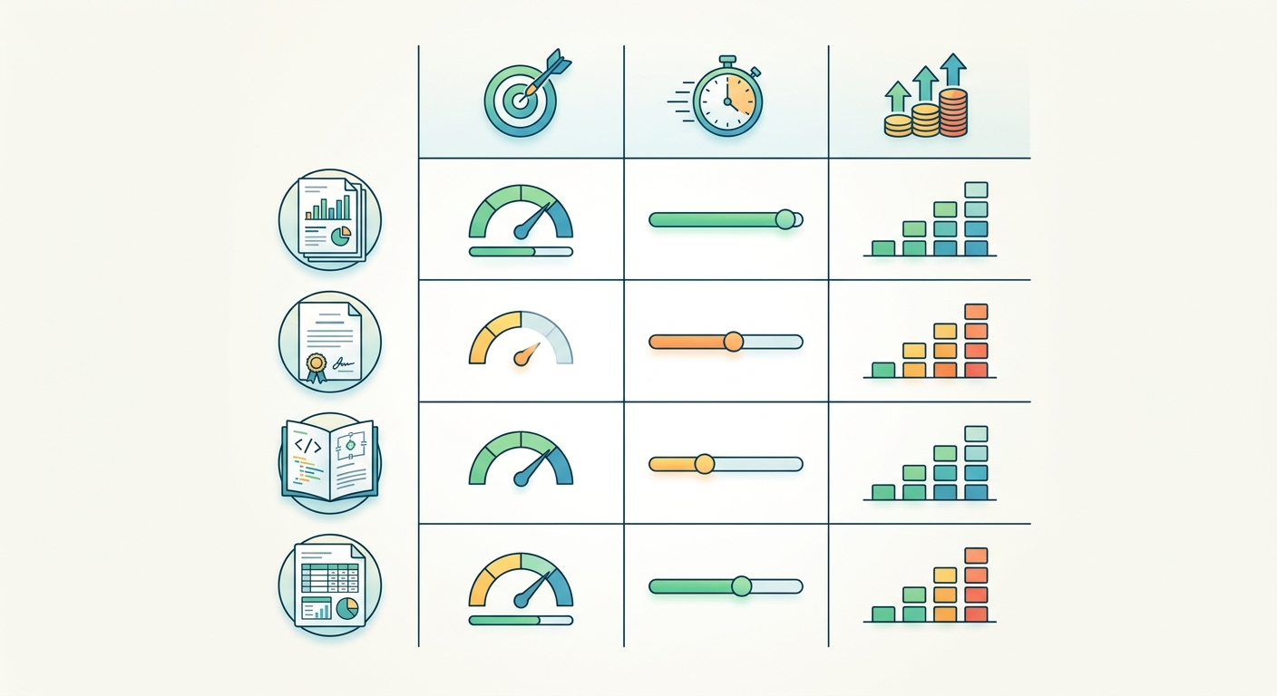 A comparison matrix showing the four document types tested across three evaluation dimensions — accuracy, speed, and cost — with visual scoring indicators for each model