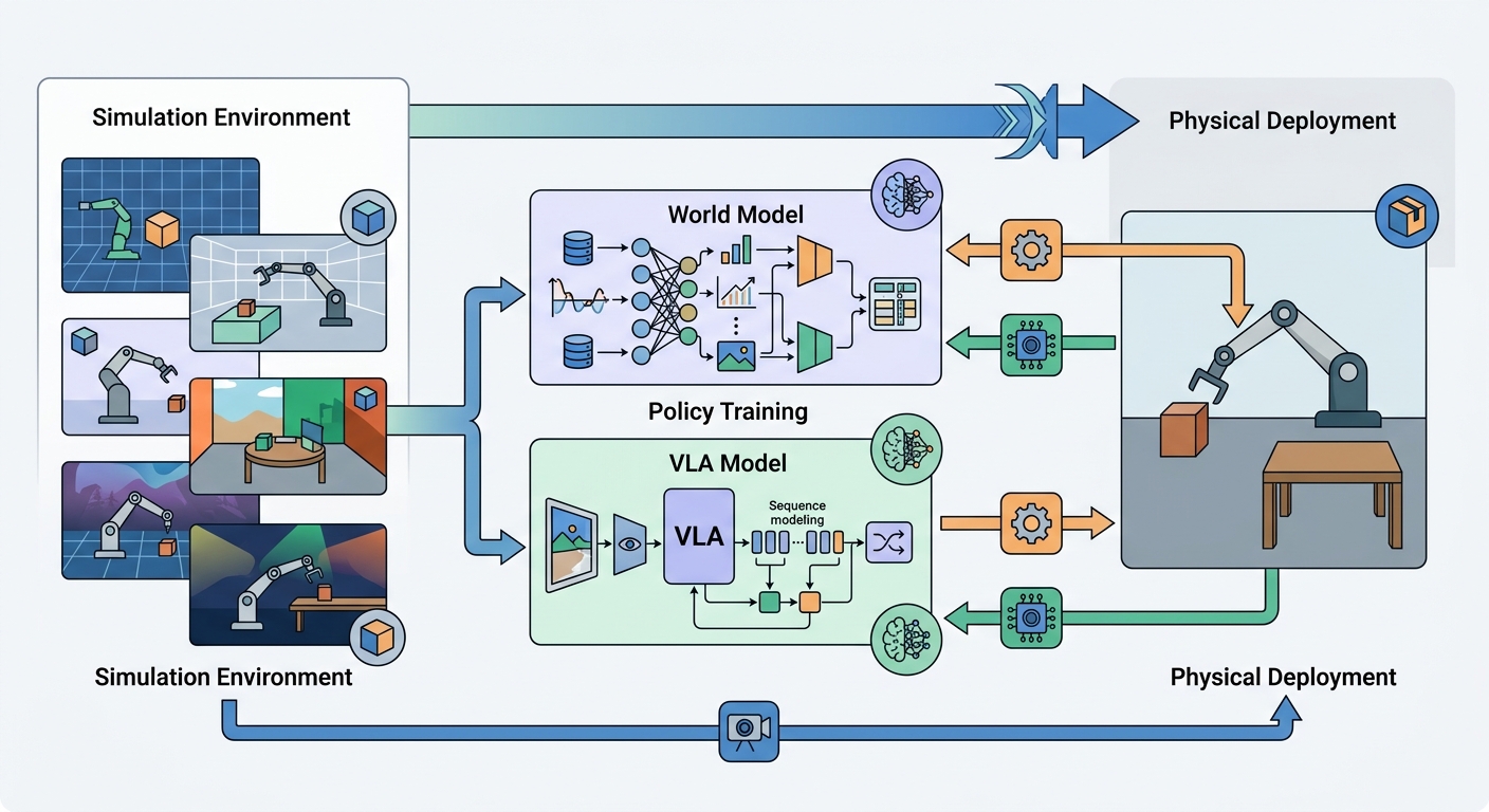 Embodied AI: sim-to-real pipeline — simulation environment, policy training, zero-shot transfer, and physical deployment with sensors, world model, VLA model, and actuator layers