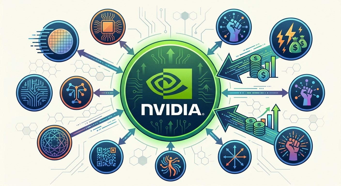 Infographic-style market map: a large NVIDIA circle with satellite nodes for Cerebras, Etched, Taalas, Fractile, d-Matrix, SambaNova, MatX, Positron, and Rebellions, plus an arrow for the ~$20B Groq acquisition.