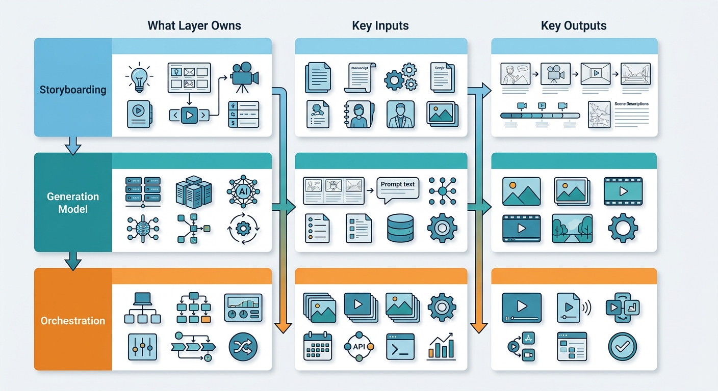 The three-layer production stack for generative video: storyboarding, generation model, and orchestration