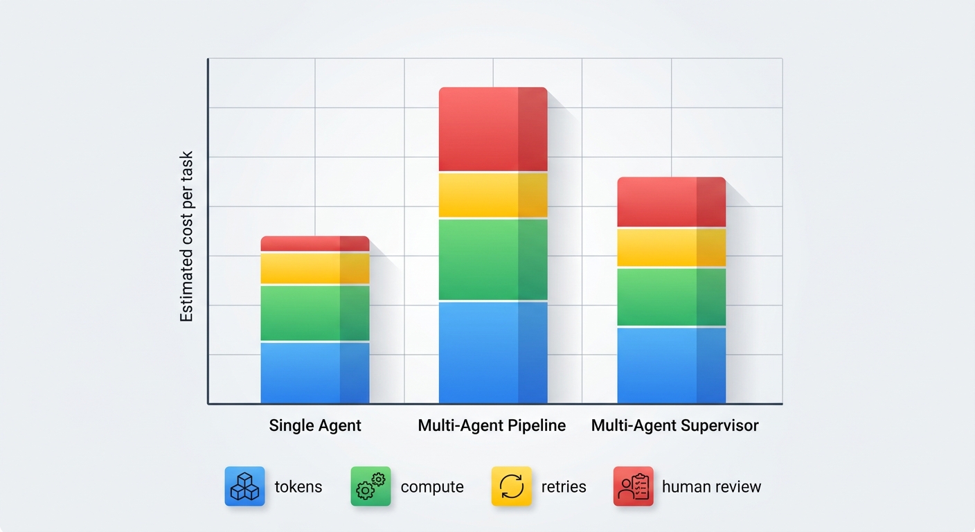 Estimated cost per task by approach: single agent vs multi-agent pipeline vs multi-agent supervisor