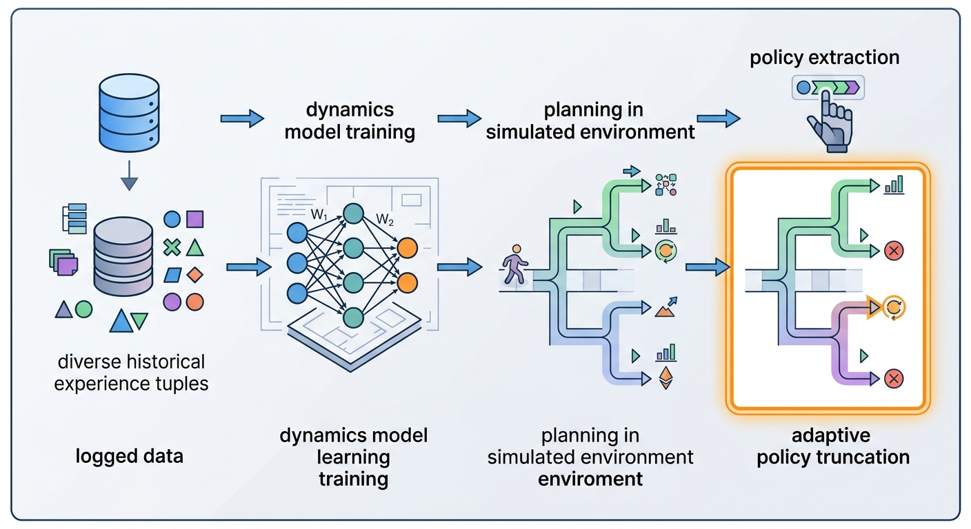 Model-based offline RL workflow: logged data → dynamics model training → planning in simulated environment → policy extraction