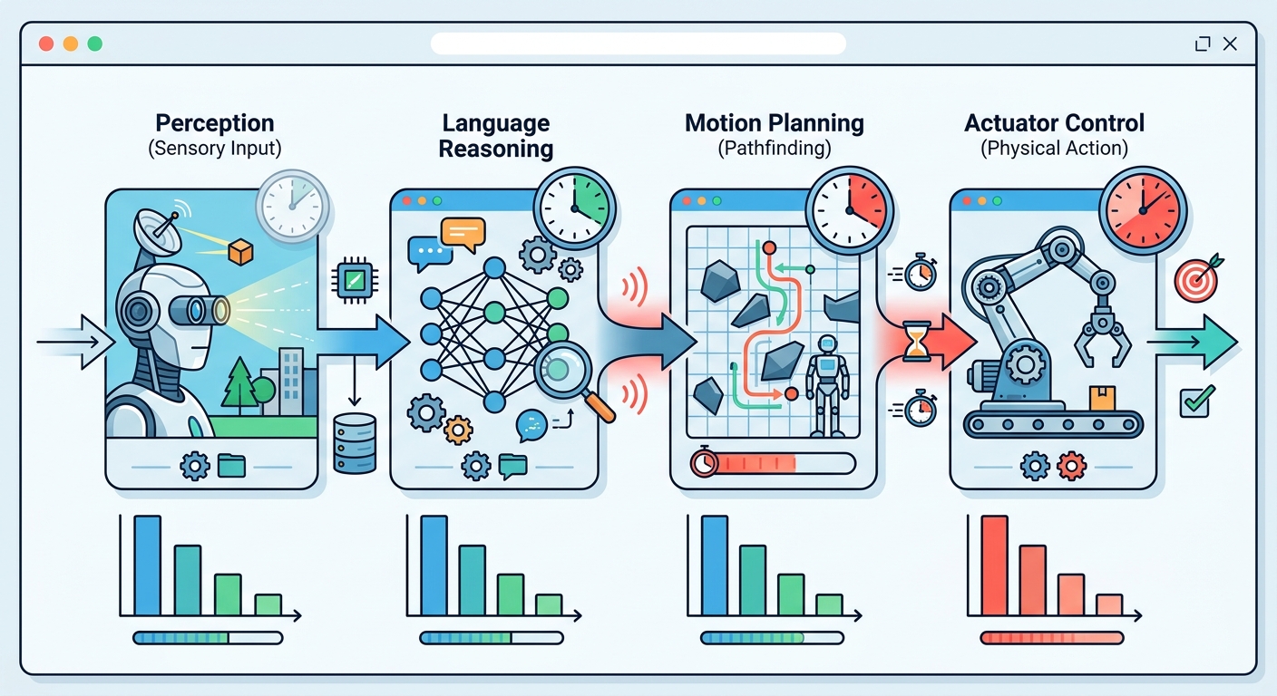 Flowchart showing the bottleneck pipeline: perception → language reasoning → motion planning → actuator control, highlighting latency challenges