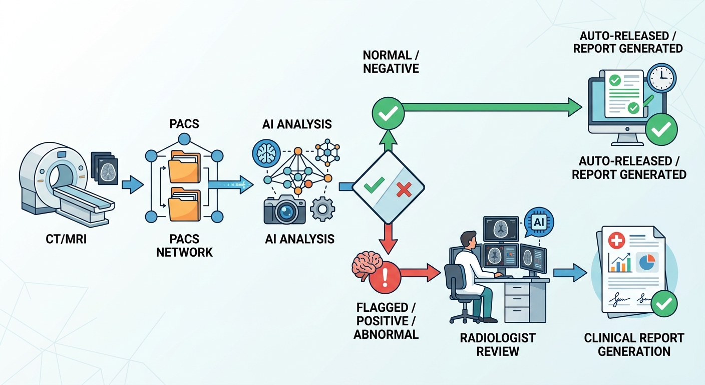 Radiology AI workflow flowchart showing DICOM image acquisition, AI pre-screening, radiologist second-reader review, clinical decision support, and automated report generation with normal scan auto-release.