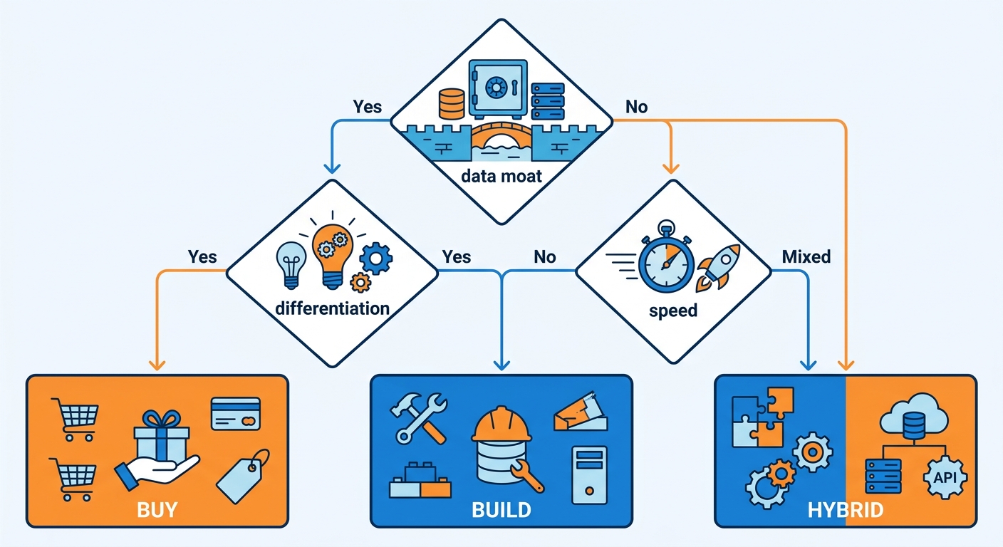 Build vs buy decision flowchart for enterprise AI: data moat, differentiation, and speed branching into Build, Buy, and Hybrid