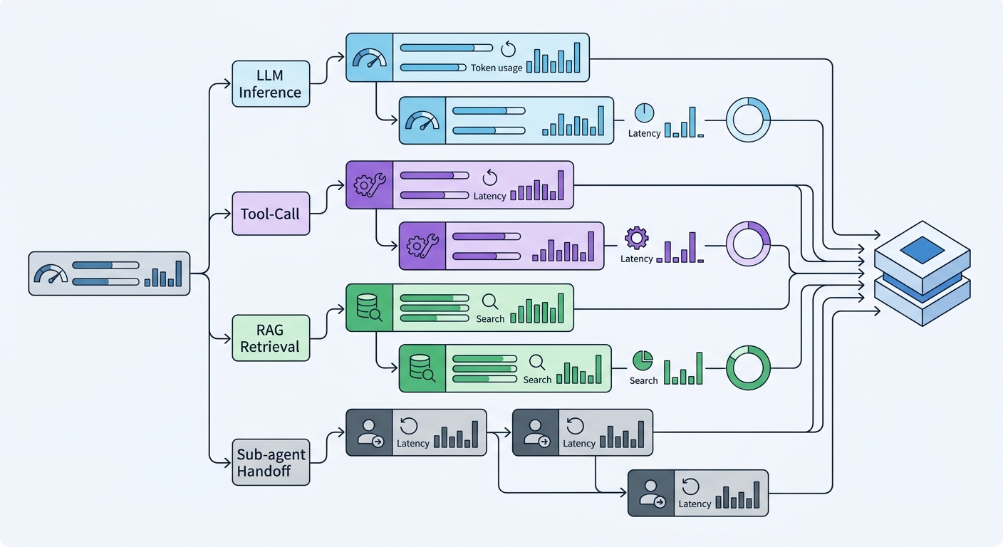 An OpenTelemetry trace flow diagram showing a single agent execution as a span tree: agent root span branching into LLM inference spans, tool-call spans, RAG retrieval spans, and sub-agent handoff spans, each labeled with token usage and latency, all feeding into a central telemetry backend.