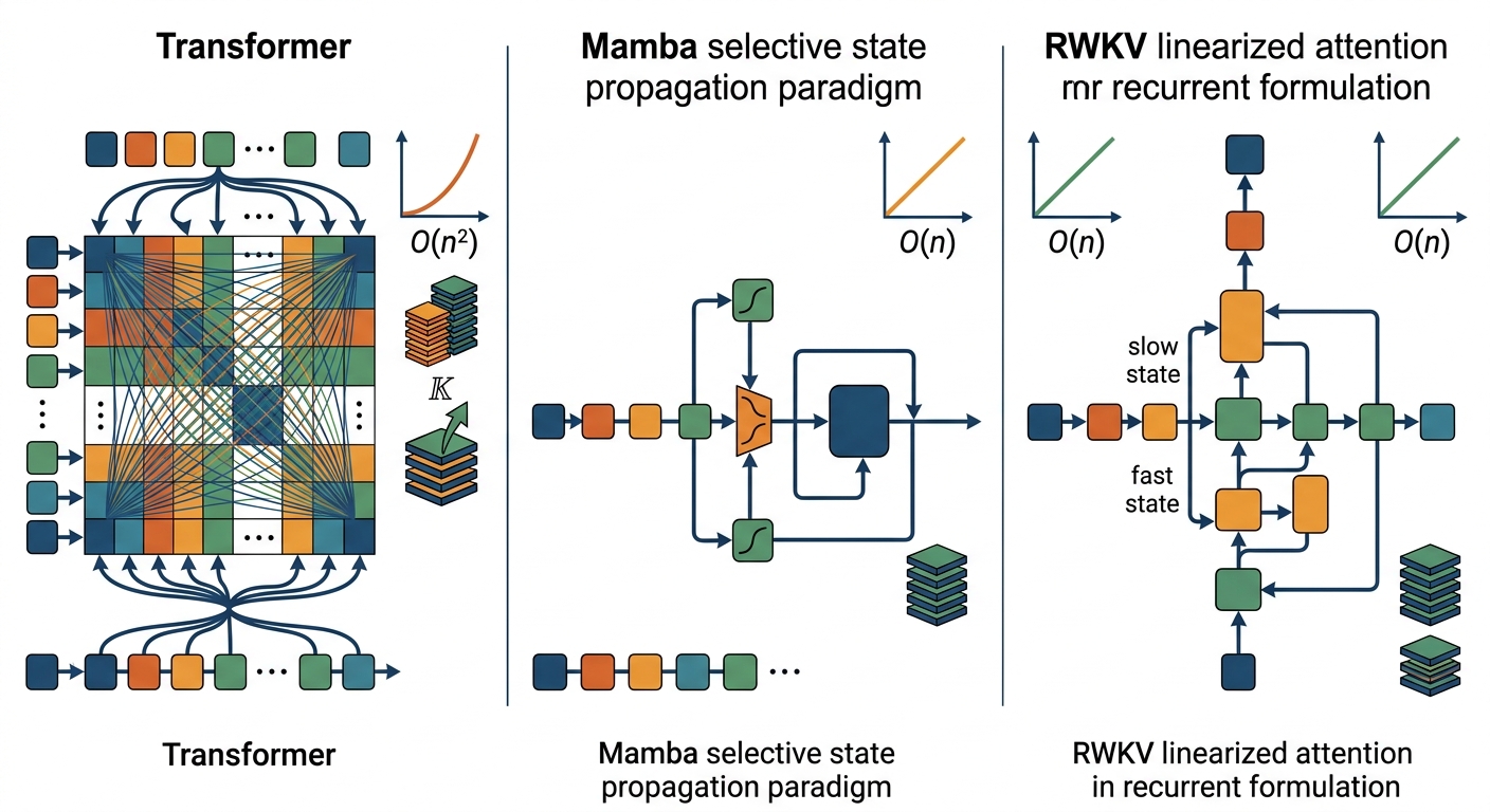 Architecture comparison diagram showing Transformer attention matrix, Mamba selective state propagation, and RWKV linearized attention with O(n) vs O(n²) complexity annotations