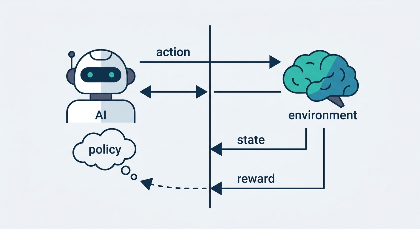 The reinforcement learning loop diagram: an agent takes actions, the environment returns a new state and a reward