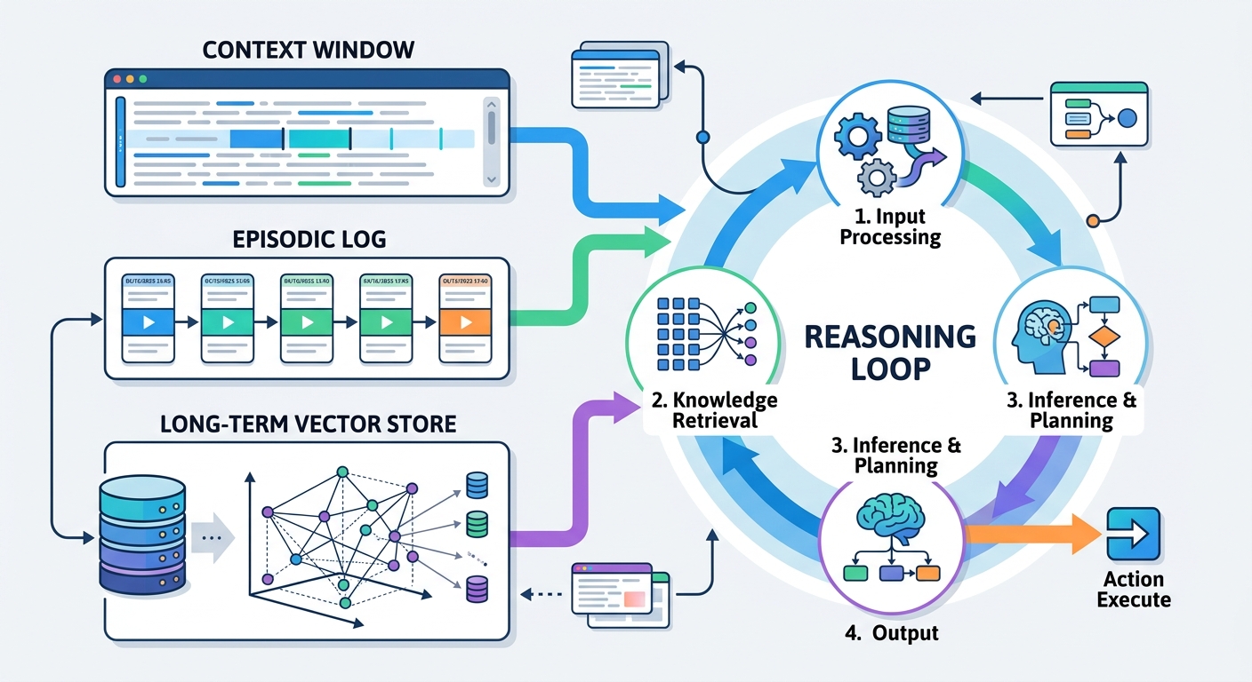 Agent memory systems: context window, episodic log, and long-term vector store feeding a reasoning loop