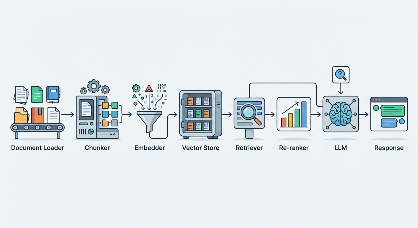 A diagram showing the RAG pipeline component flow: Document Loader → Chunker → Embedder → Vector Store → Retriever → Re-ranker → LLM → Response. Labels for each component's role.