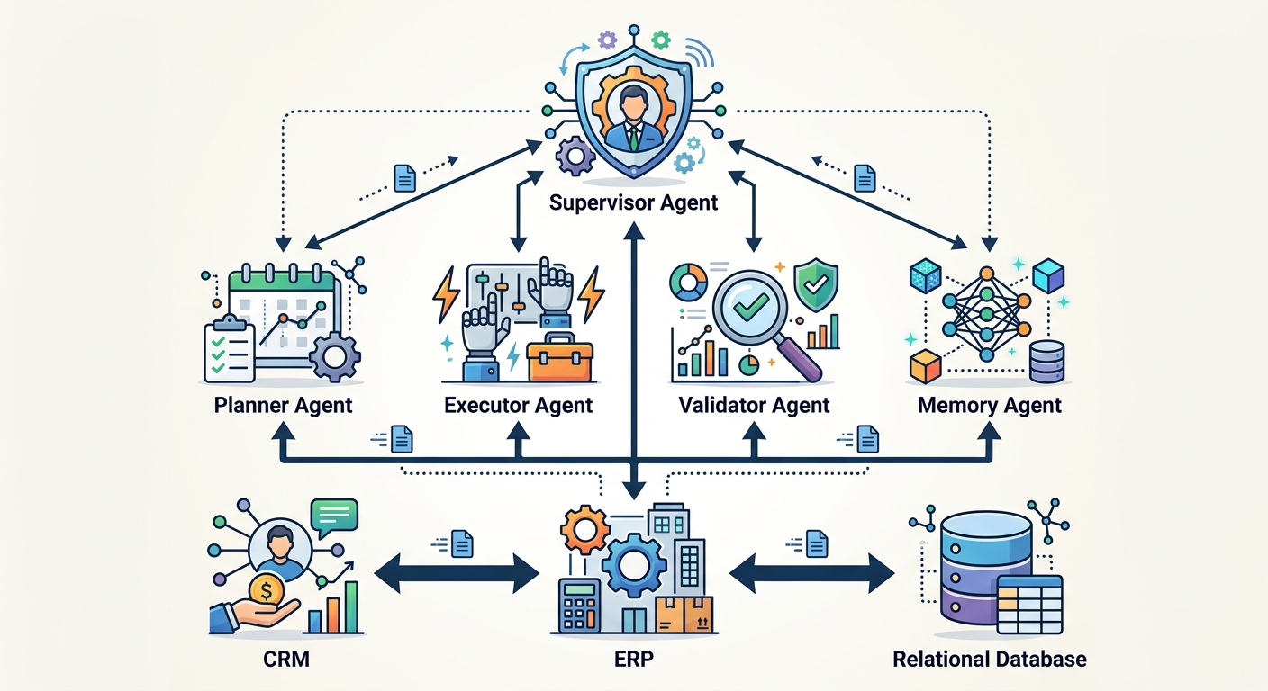 Multi-agent AI system architecture diagram showing supervisor agent connected to planner, executor, validator, and memory agents with enterprise data source integrations