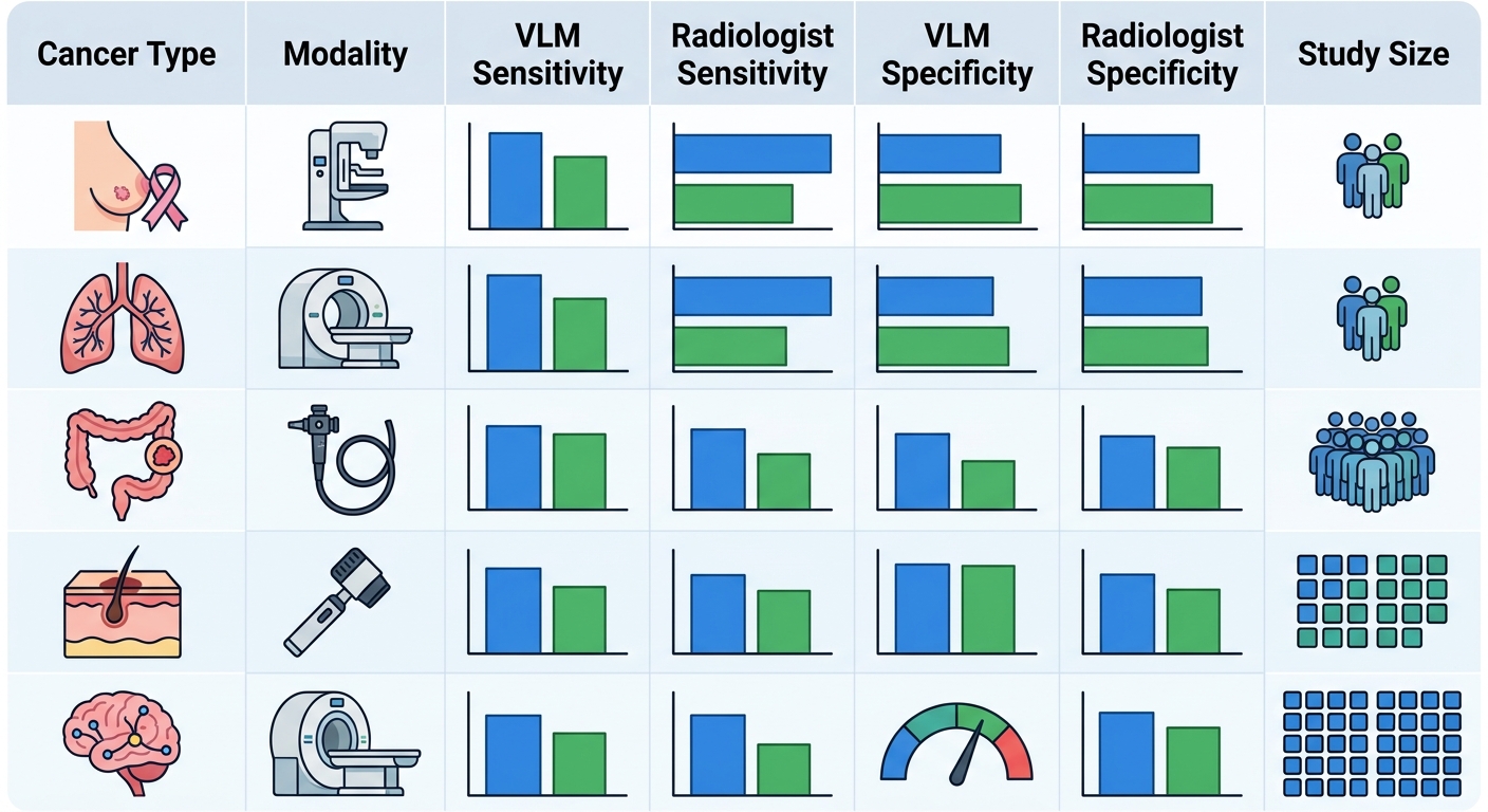 VLM accuracy vs radiologist performance comparison across 5 cancer types: breast, lung, colorectal, skin, and brain. Shows sensitivity, specificity, and study size for VLMs and human radiologists.