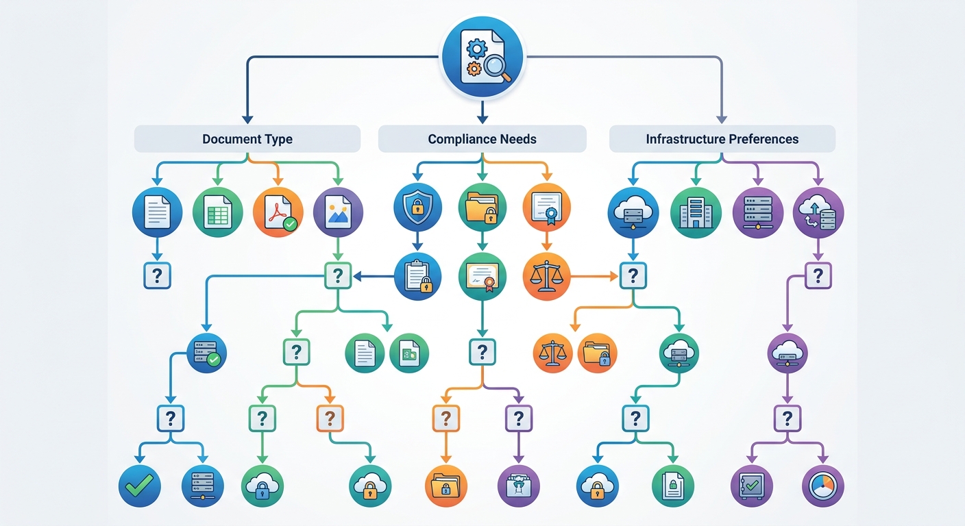 Decision tree flowchart showing selection criteria based on document type, compliance needs, and infrastructure preferences