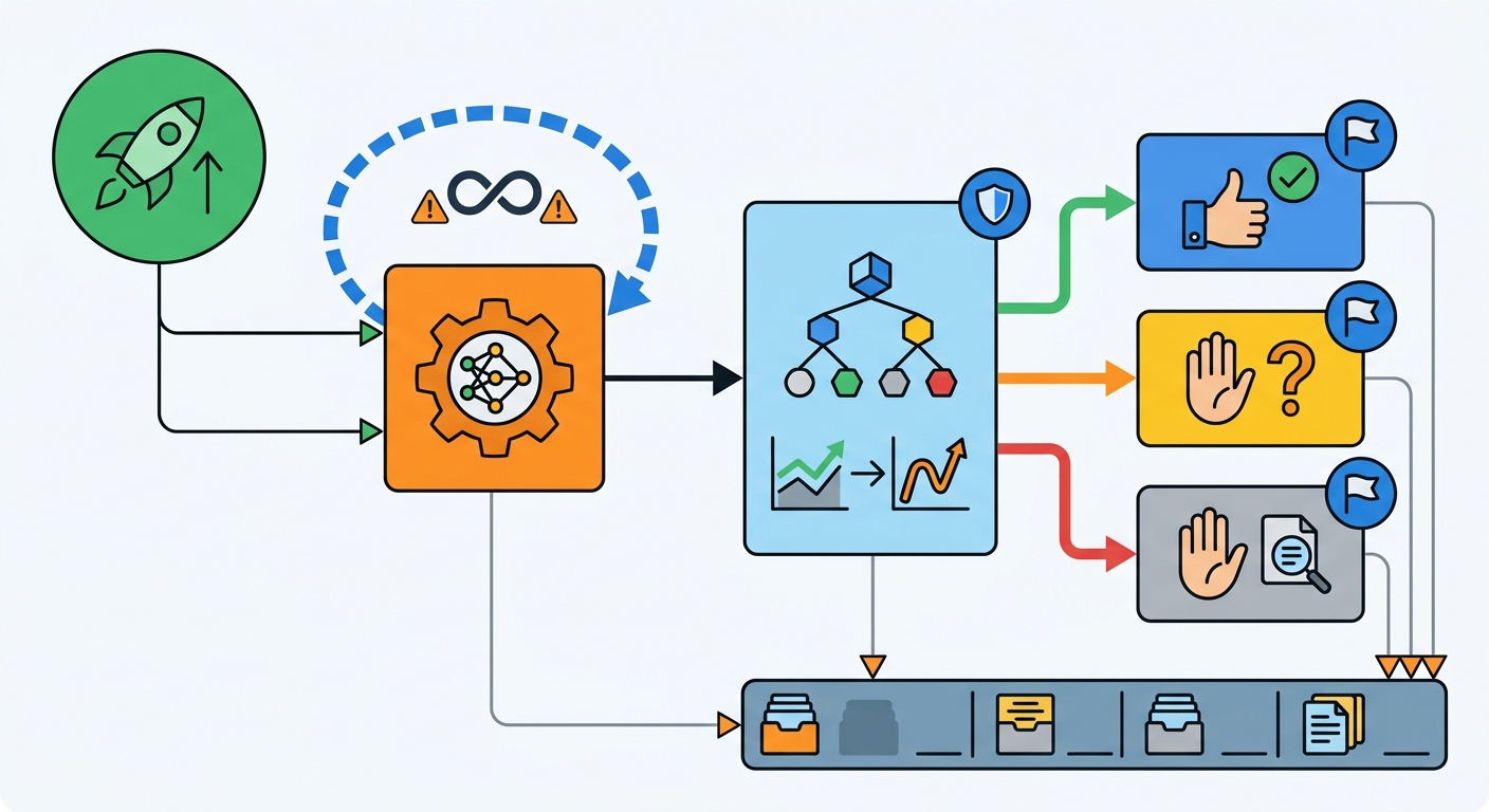 LangGraph state machine showing conditional branching based on output classification with checkpoint markers