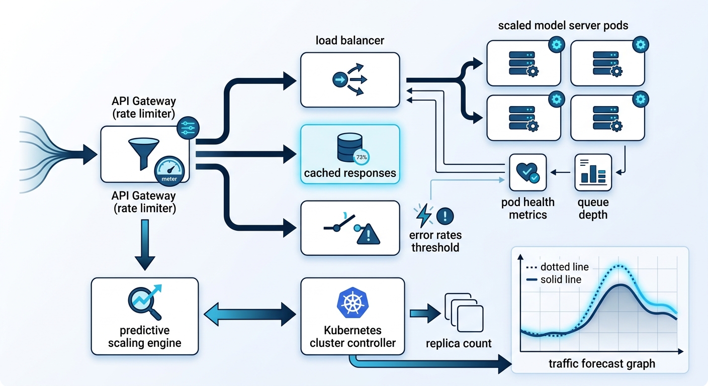 Flowchart of zero-latency-spike traffic management: API Gateway, rate limiter, load balancer, scaled pods, semantic cache, circuit breaker, and predictive scaling engine