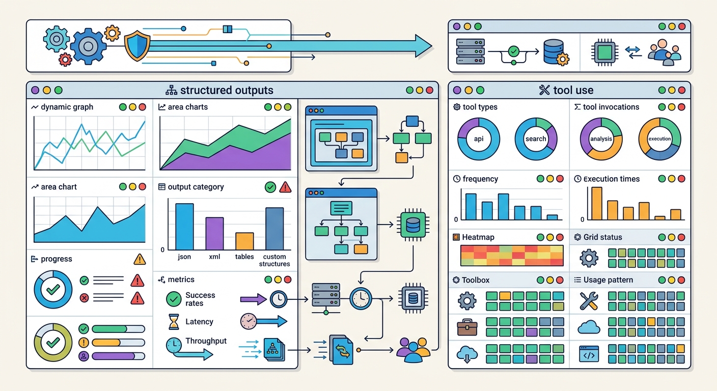 Monitoring dashboard showing key metrics for structured outputs and tool use