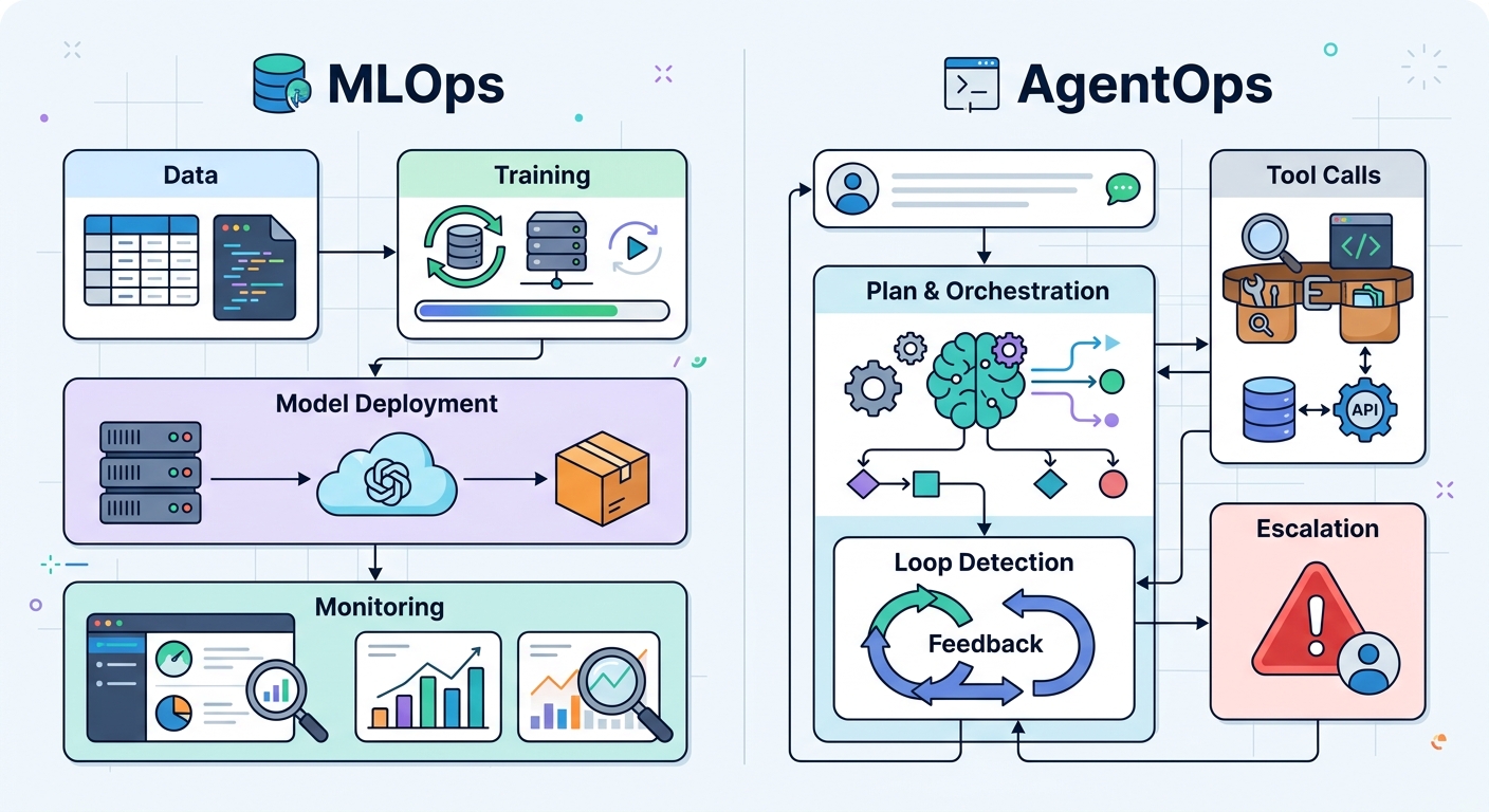 AgentOps vs MLOps: side-by-side diagram comparing model serving with agent operation across plan, tool calls, loop detection, and escalation layers