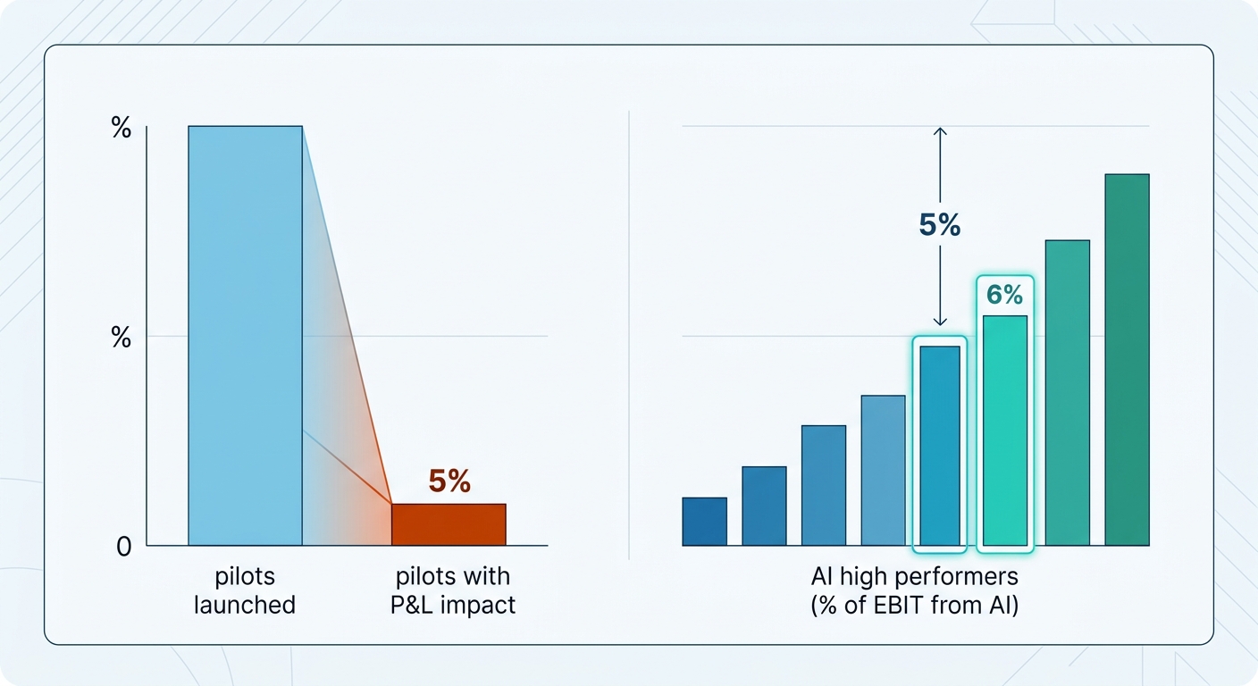 Pilot to production: where AI value is won and lost — bar comparison of pilots with P&L impact and AI high performers