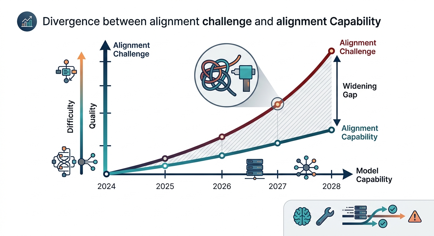A graph from 2024 to 2028 with "Model Capability" rising steeply on the X-axis and "Alignment Difficulty" rising nearly as steeply on the Y-axis. A second, shallower curve labeled "Alignment Methods Quality." The widening gap between "Alignment Difficulty" and "Alignment Methods Quality" is labeled "Fragility Gap — Widening." A footnote: "Current methods may not keep pace as capability growth accelerates."