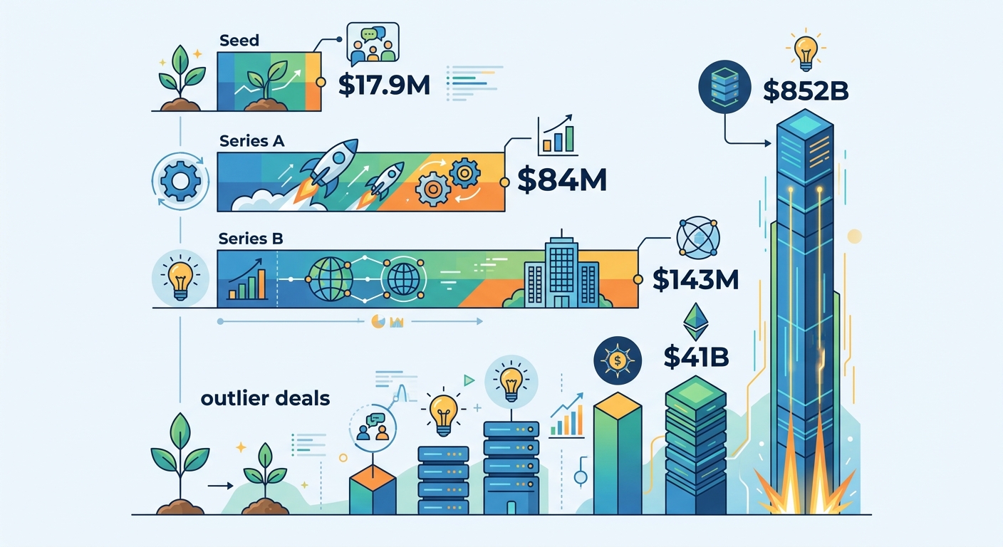 AI startup valuation benchmarks by stage for 2026: seed $17.9M, Series A $84M, Series B $143M