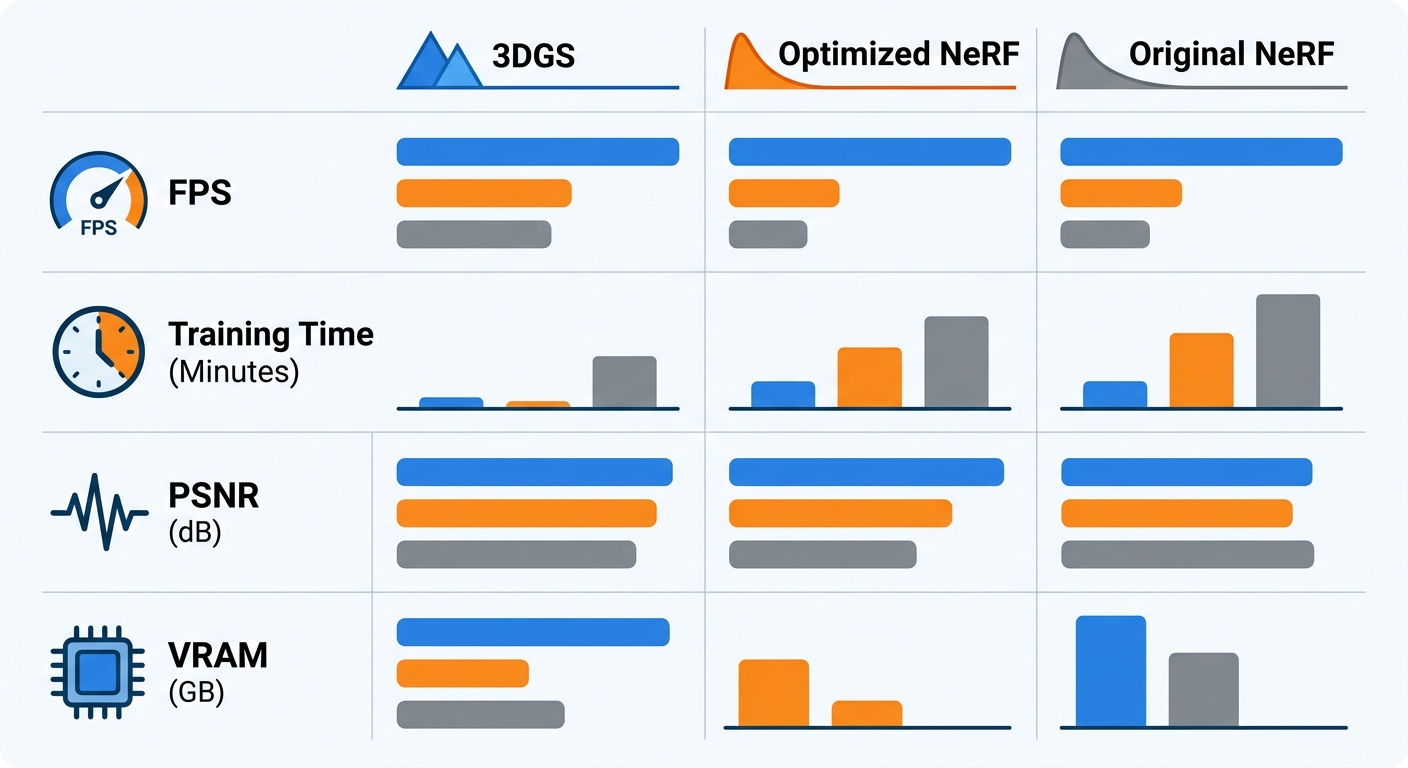Benchmark comparison chart showing FPS, Training Time, PSNR, and VRAM for 3DGS vs Optimized NeRF vs Original NeRF on RTX 4090