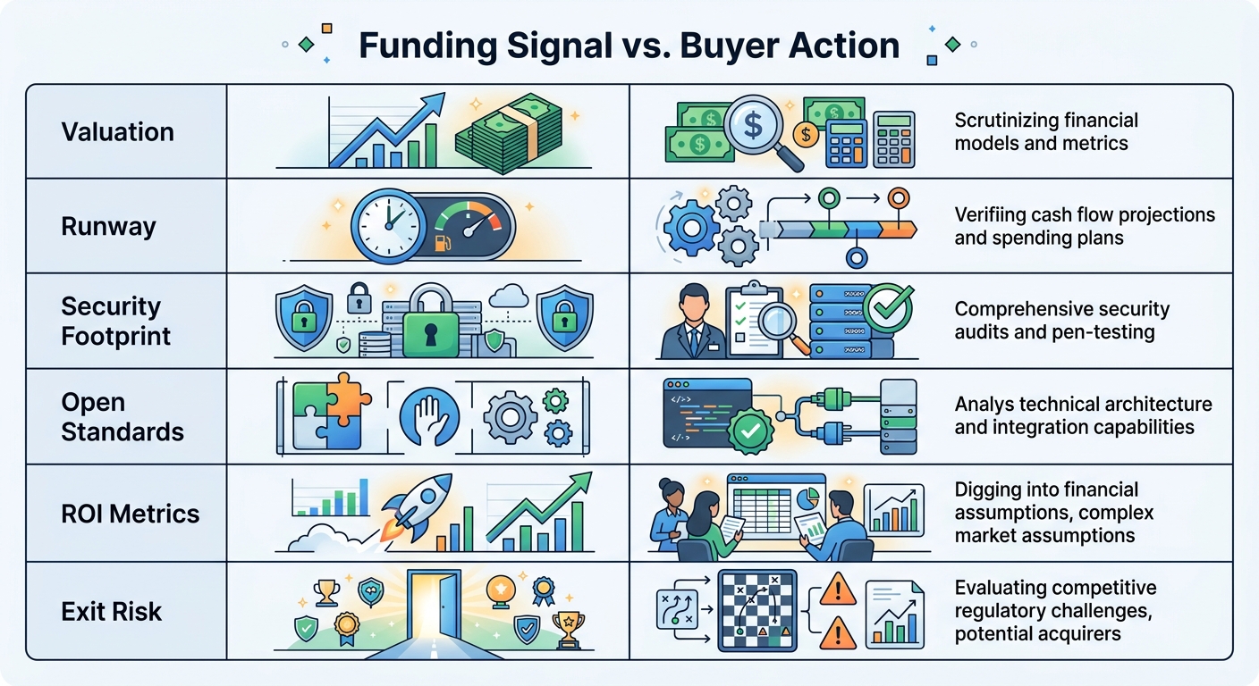 Funding Signal vs Buyer Action - comparison table mapping startup funding signals to due-diligence buyer actions across six dimensions