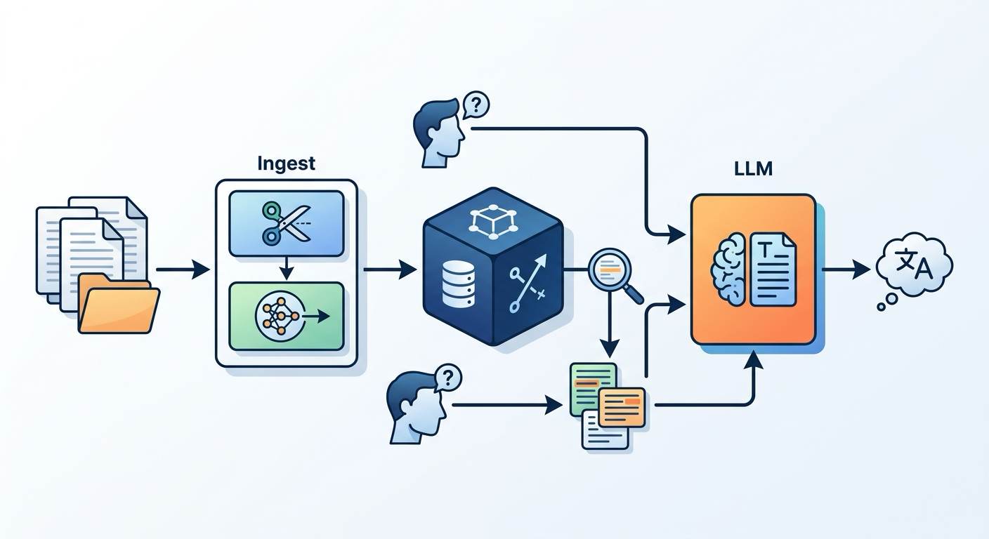 Local RAG pipeline architecture: documents flow through ingest (splitter + embedding) into a vector database, then a query retrieves relevant chunks and an LLM generates a grounded answer.