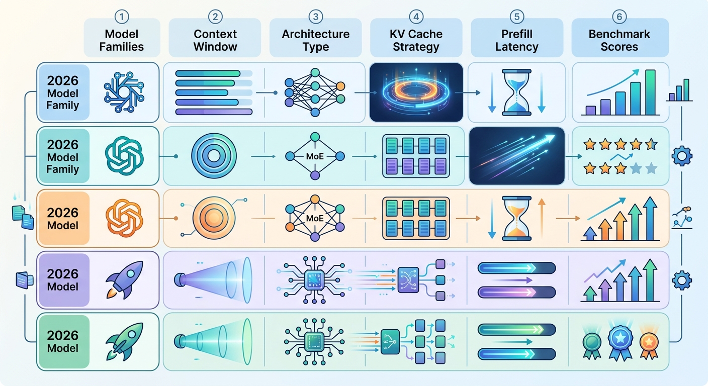 Comparison table of 2026 long-context model families across context window, architecture type, KV cache strategy, and prefill latency