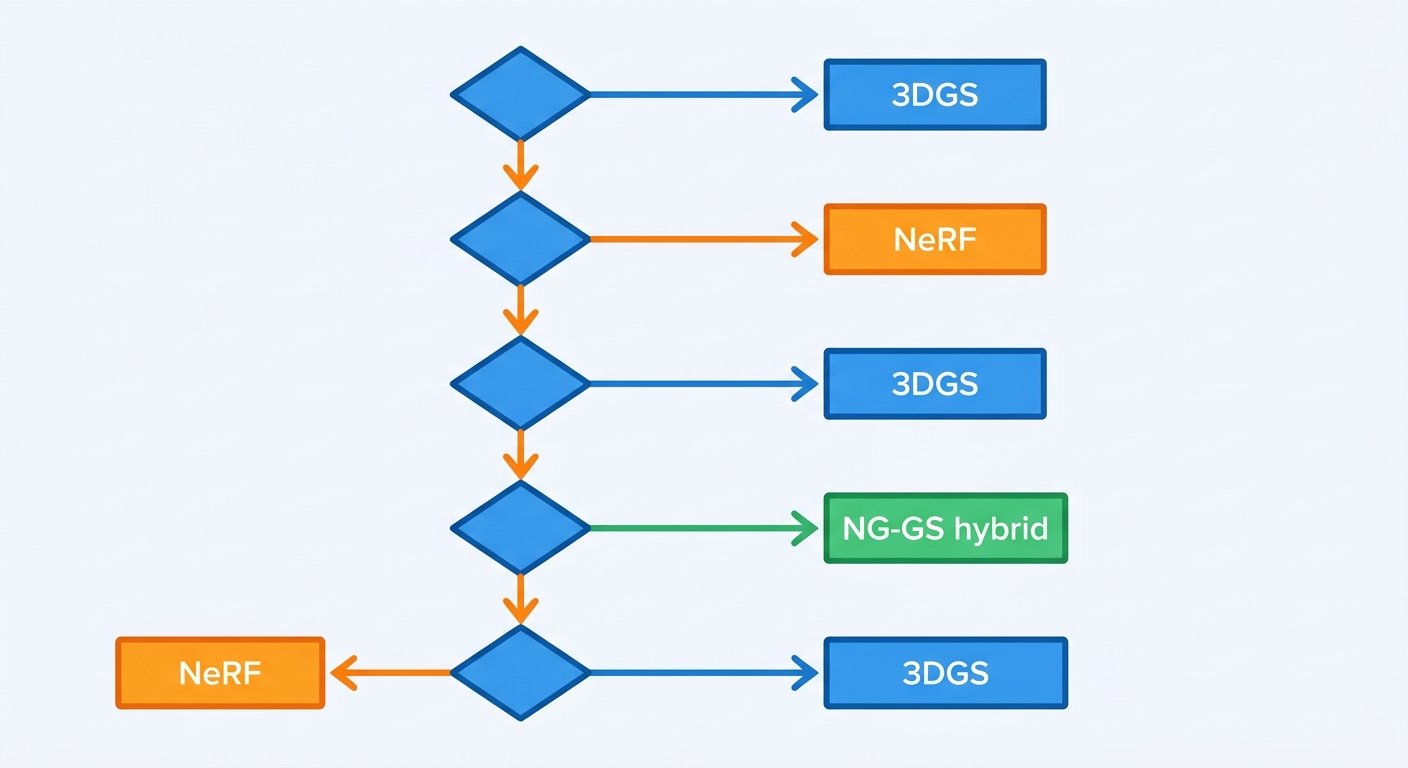 Decision tree flowchart for choosing between 3DGS, NeRF, and NG-GS hybrid based on real-time rendering, model size, scene editing, and segmentation requirements