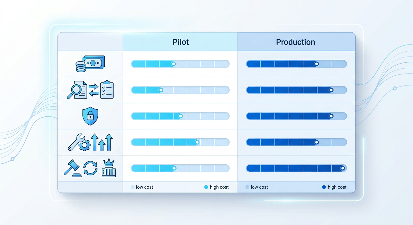 Total Cost of Ownership comparison table for AI agents across token cost, evaluation, security, maintenance, and governance in Pilot vs Production