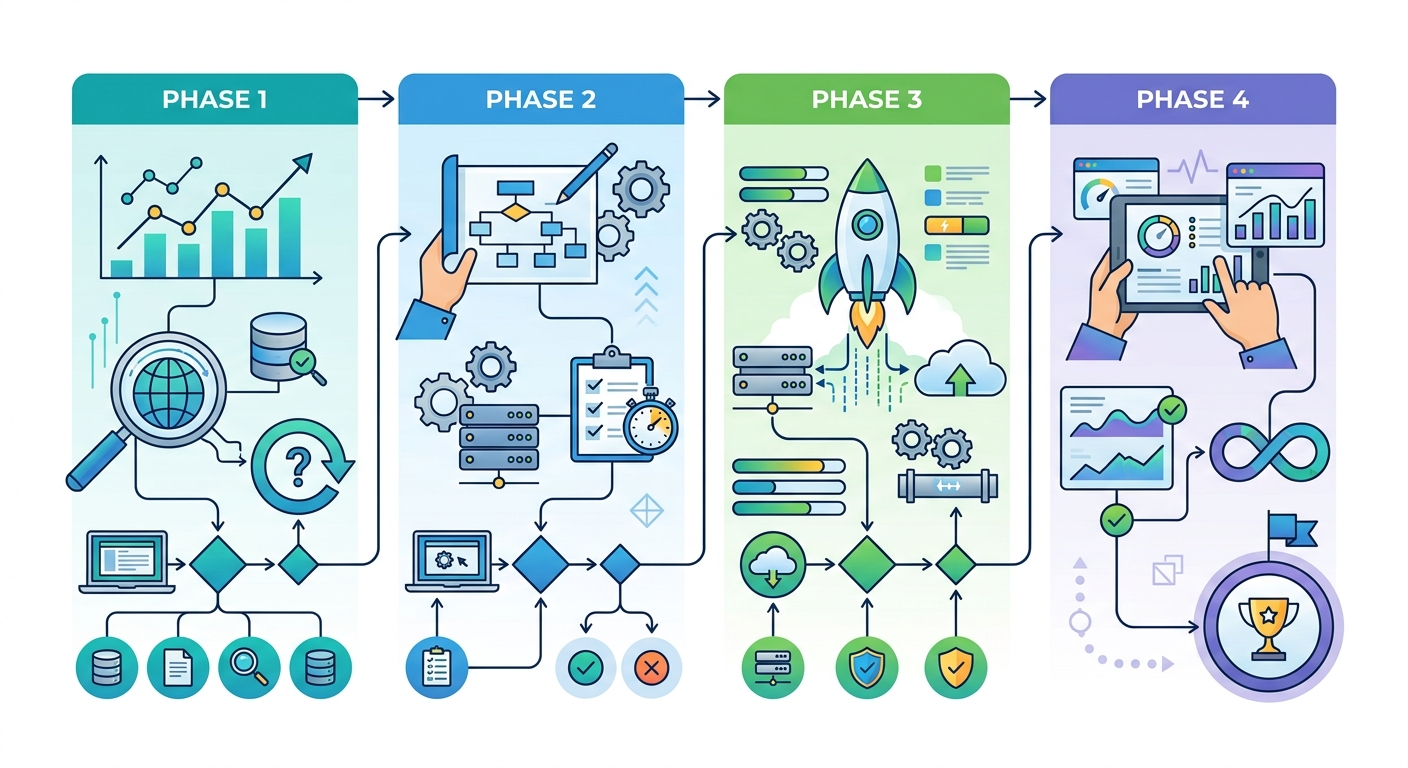 Migration timeline flowchart showing the four phases with key activities, deliverables, and decision points for each phase