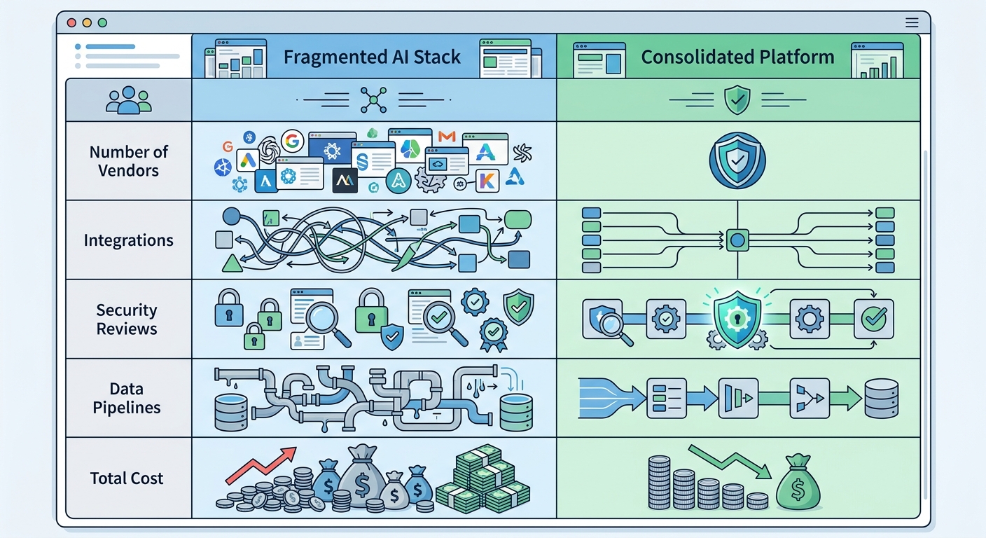Comparison table of a fragmented AI stack versus a consolidated AI platform across vendors, integrations, security reviews, data pipelines, and cost
