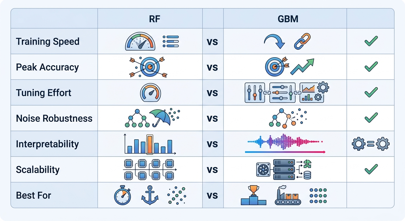 Comparison table: Random Forest vs Gradient Boosting across 7 dimensions