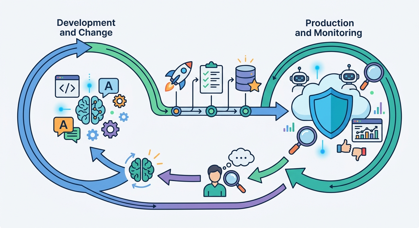 A closed-loop AgentOps lifecycle diagram: prompt/model changes flow into CI/CD that runs golden-dataset evals, which deploy to production, where monitoring and human-in-the-loop labels feed back into retraining and prompt tuning, forming a continuous circular workflow.