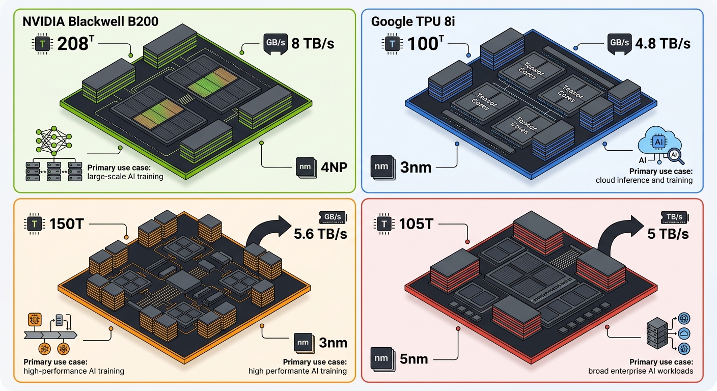 Comparative chip architecture: Blackwell vs TPU 8i vs Trainium 3 vs Maia 200