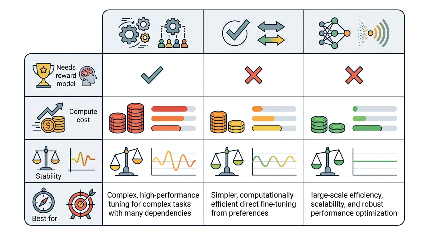 Comparison of RLHF, DPO, and GRPO across reward model, compute cost, and best use