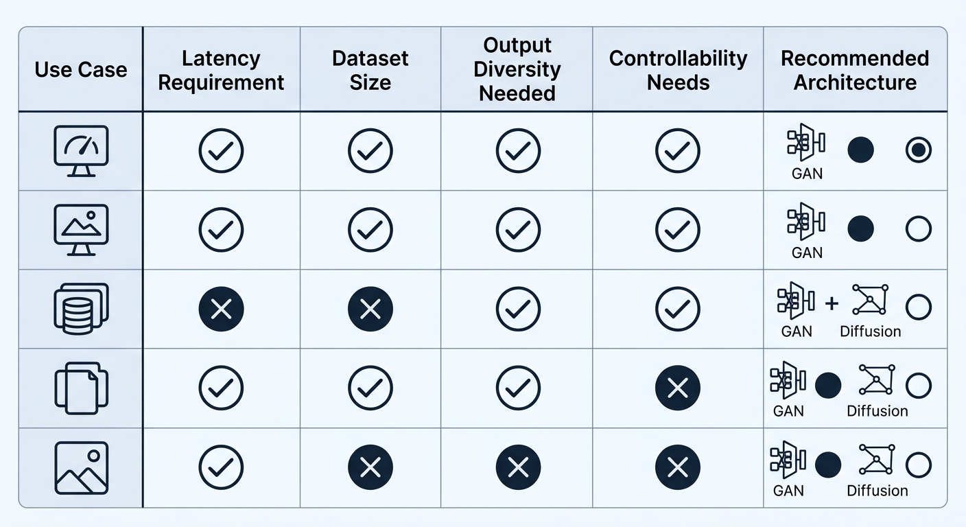 Decision matrix for choosing GAN or Diffusion