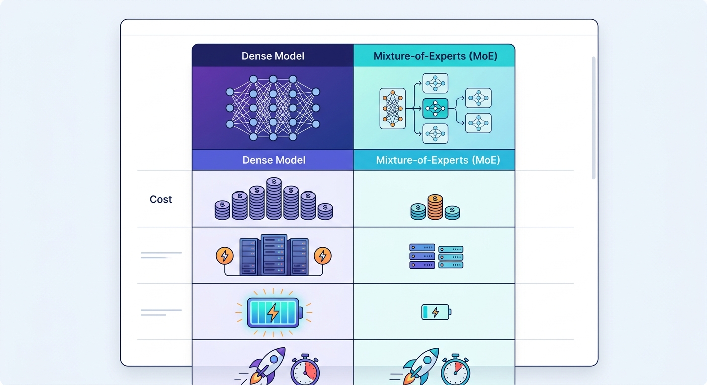 Cost comparison table showing dense model vs MoE model costs per 1M tokens, with MoE at approximately 15% of dense cost