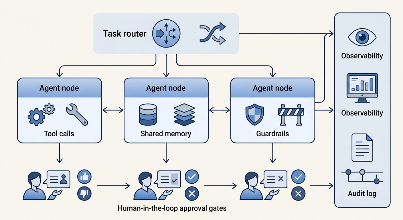 Enterprise AI agent architecture diagram showing orchestration, tools, memory, guardrails, observability, and human-in-the-loop gates