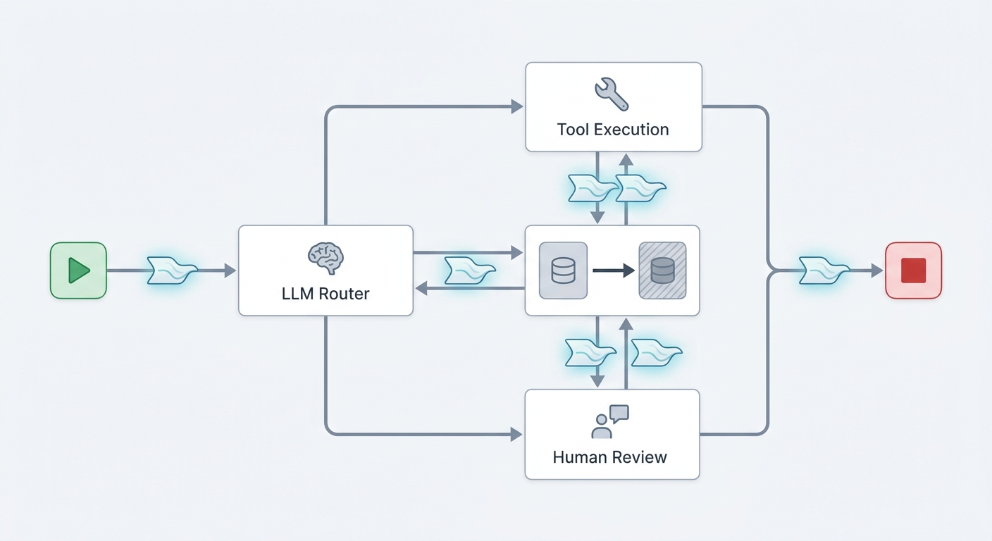 LangGraph state machine architecture flowchart with Start, LLM Router, Tool Execution, Human Review, Memory/Checkpointing, and End nodes