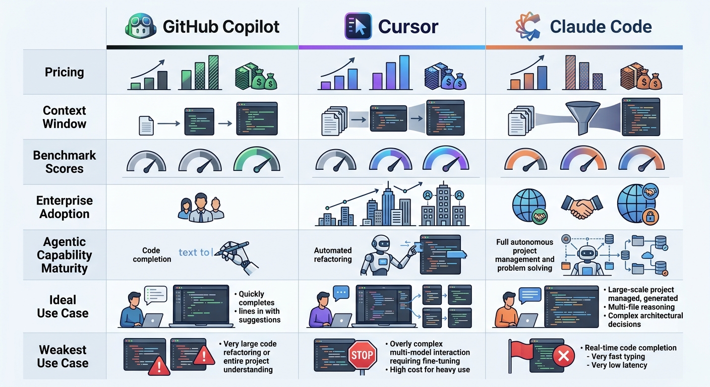 Comparison table of GitHub Copilot vs Cursor vs Claude Code: pricing, context window, benchmark scores, enterprise adoption, agentic capability, ideal use cases