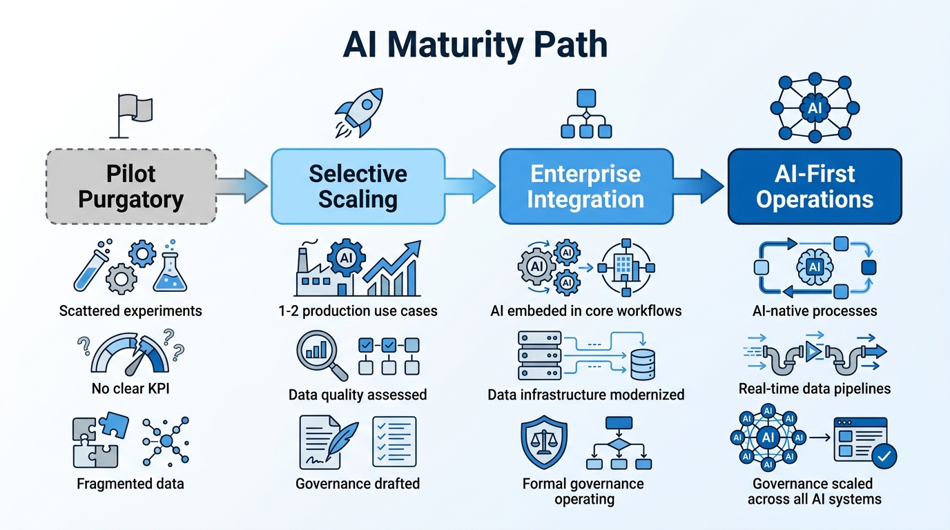 AI Maturity Path — flowchart showing four stages from Pilot Purgatory to AI-First Operations