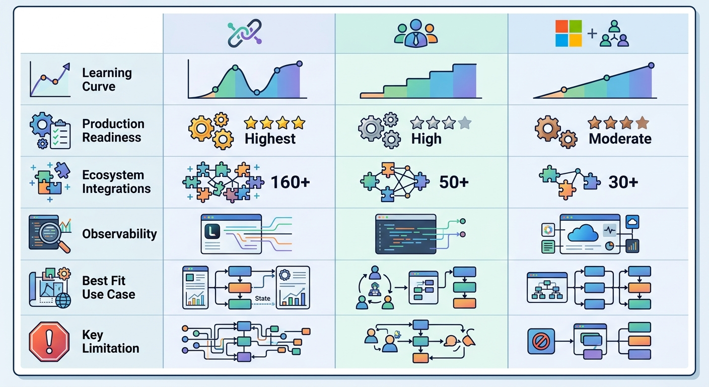 Comparison table of LangGraph vs CrewAI vs Microsoft Agent Framework across learning curve, production readiness, integrations, and use cases