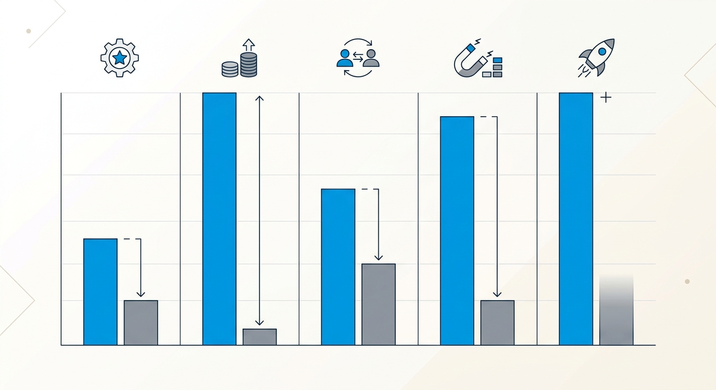 A comparison bar chart titled "Vertical vs. Horizontal Agent ROI" with two groups of bars across five dimensions: average ROI (2.3x vs 1x), profit margin (3-10x higher), retention (3-5x better), capital share captured (82.64% vs 17.36%), and first-year ROI ceiling (300%+ vs diffuse). Vertical bars in blue, horizontal bars in gray.