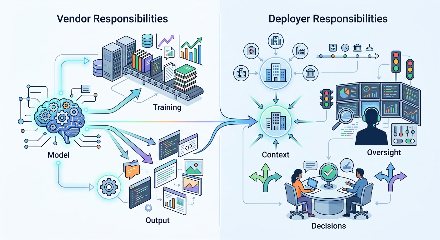 Split diagram comparing vendor and deployer responsibilities for AI agents